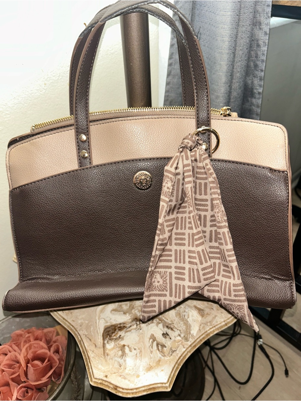 Anne Klein Two-Tone Brown & Beige Satchel with Scarf Accent